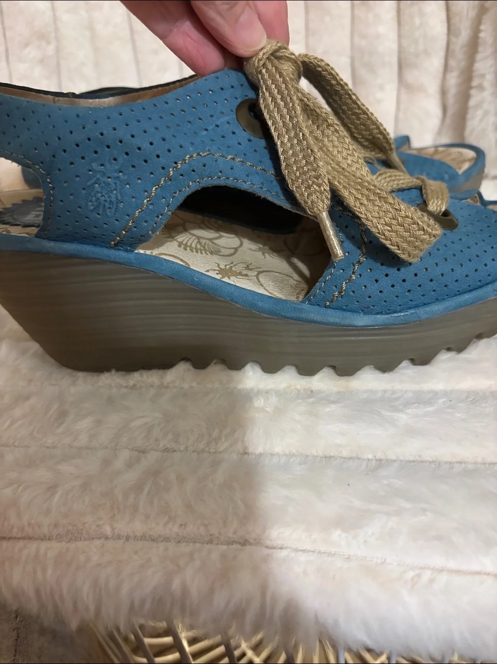 Fly London Yala Blue Suede Lace-Up Wedge Sandals Size EU 39 US 8-8.5 P500377004